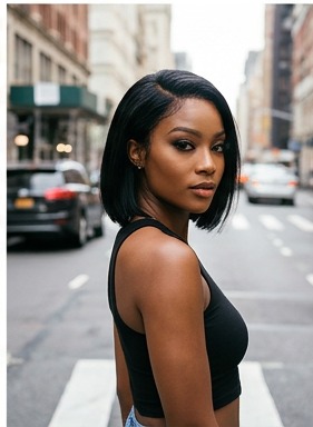 Black glueless lace front wig with a side part